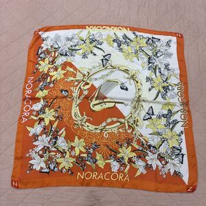 Noracora Silk Scarf Floral Butterfly Music Harp Violin Orange Yellow 22” Square